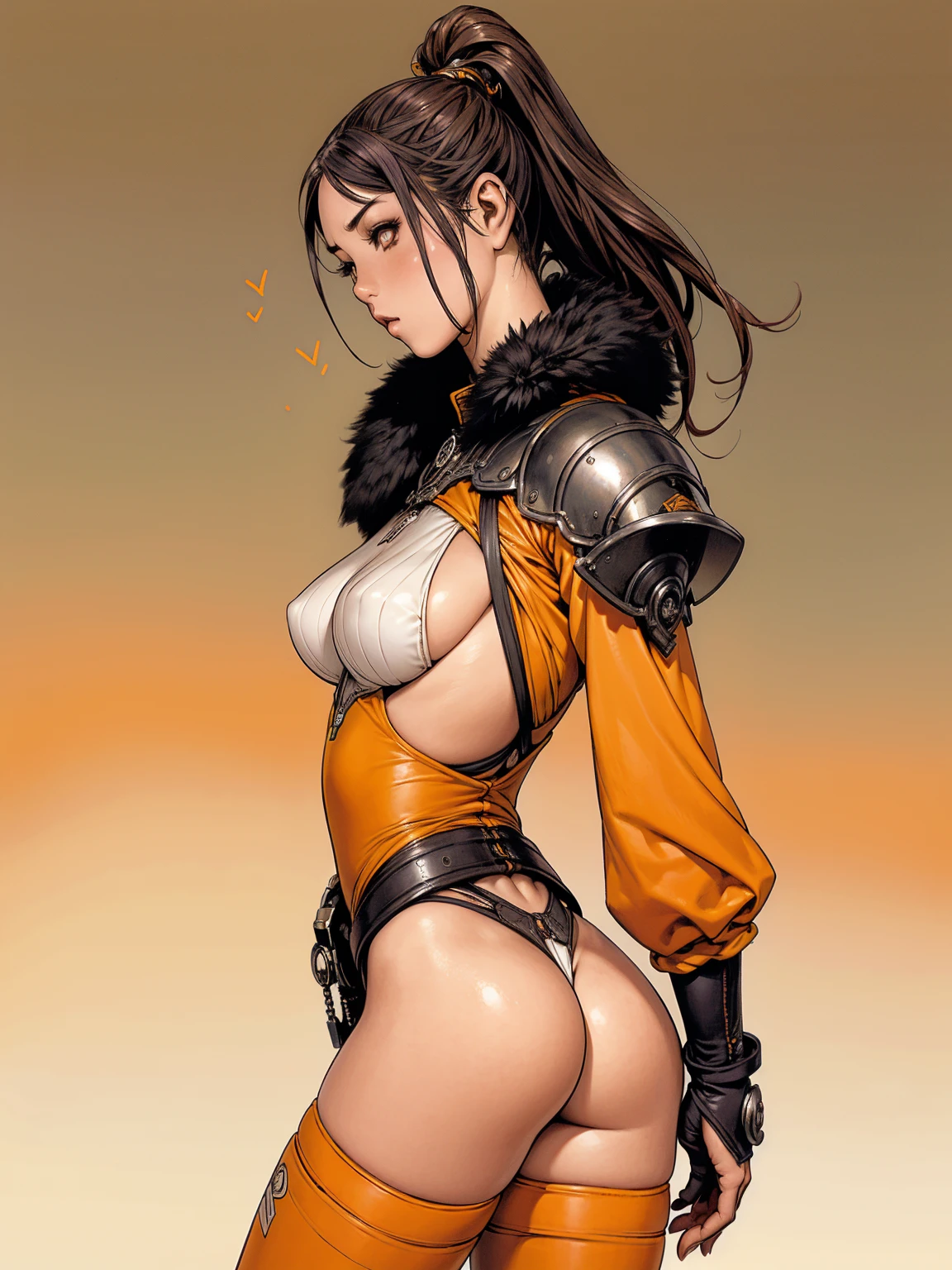 (((Ebony))), (((back view))), (((drawing of a phoenix on the back))), (((perfect ???))), (((best qualityer: 1.4))), (((Afro))), (((DuneWalker))), (((post-apocalypse))), (Unbeatable masterpiece), (hiper HD),(CG 8k hyper-realistic), (((??????? big))), (((hyper feminine))), sensuous girl, (bob hair with straight bangs), ((( sculptural body ))), (((1 girl))), 20 year anime girl with perfect body, Beautiful and well-groomed face, slanted eyes, muscular body:1.2, costume with textured details in pixel art, (Head to thigh photos)，modern samurai pants, Complex equipment, rot, cerulean, yellow, orange, Violette, long pants，Tight, dark clothes，With white stars and white stripes, Metal parts in armor, afro girl, (((standing alone))), pirralha violent, (((14歳))), sensuous, pose de atitude, work of art, post-apocalypse, (((manga style))), Bounty Hunter, violent, Manic, the way you want, slenderbody, thin but strong, perfectbody, roupa moderna, Advanced technology, short shorts with checkered pattern in red and black, fur collar jacket, sleeves with vertical striped pattern, neutral background