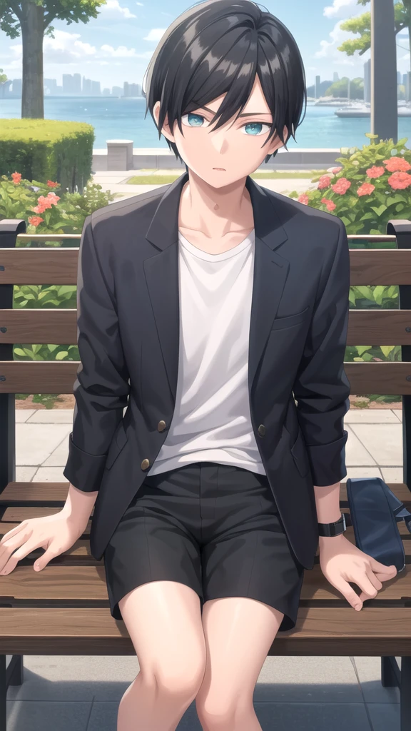 masterpiece, best quality, high quality, 1boy, solo, 14-year-old boy,evil boy,male focus, looking at viewer , black hair, old-school swoop haircut,blue jacket,black shorts, emerald eyes, sitting on a bench 