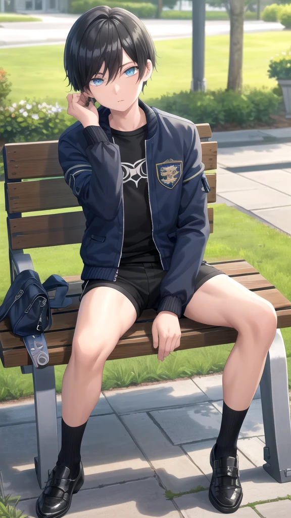 masterpiece, best quality, high quality, 1boy, solo, 14-year-old boy,evil boy,male focus, looking at viewer , black hair, old-school swoop haircut,blue jacket,black shorts, emerald eyes, sitting on a bench 