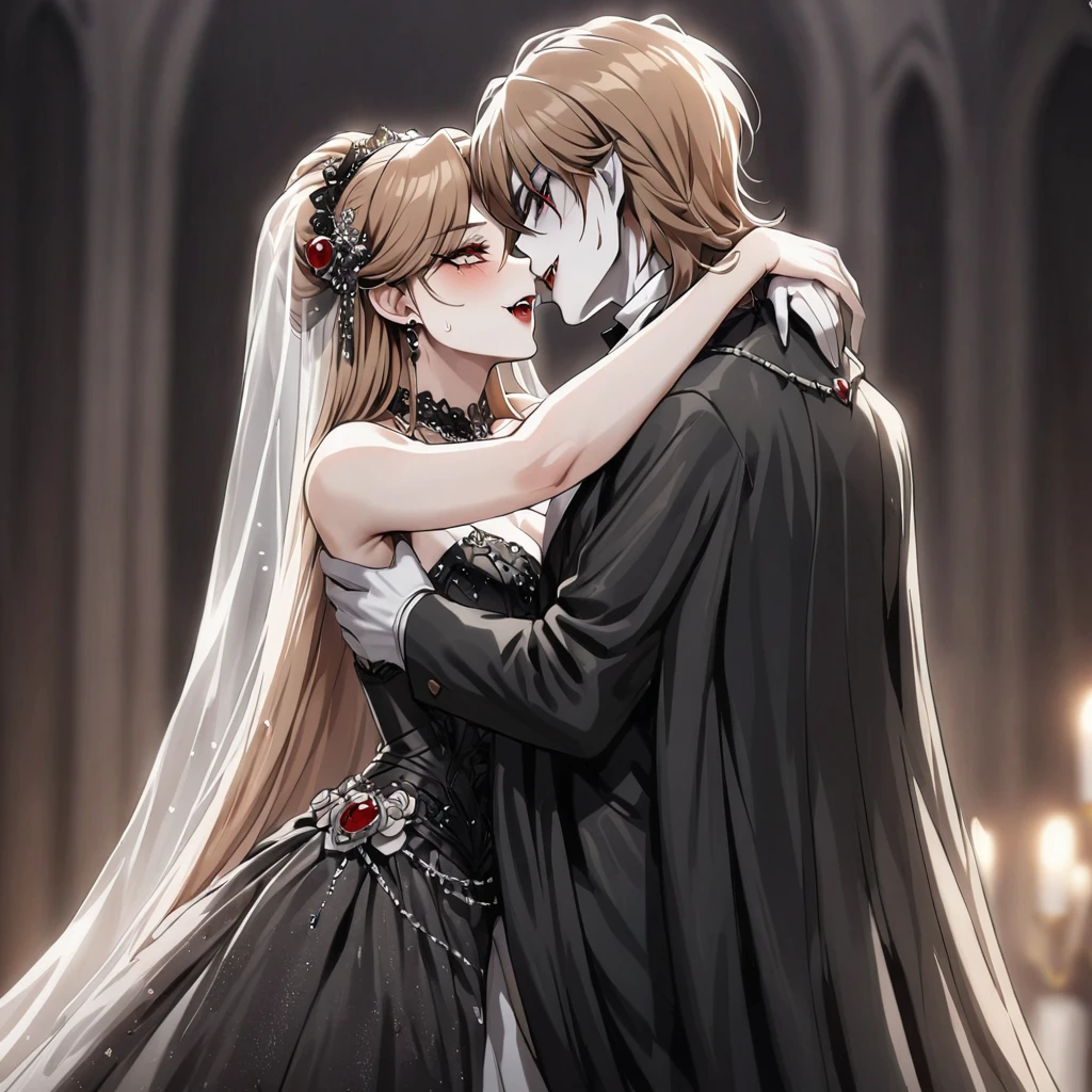((Highest quality)), ((masterpiece)), (detailed), （Perfect Face）、The woman was Princess Leona, a beautiful vampire with medium-long light brown hair, wearing a luxuriously jeweled black wedding dress, a gorgeous black wedding veil, and a gorgeous bridal outfit with gorgeous jeweled accessories.、A woman is married to the majestic vampire Count Dracula, with an embrace and a kiss of vows.