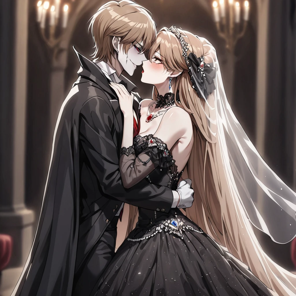((Highest quality)), ((masterpiece)), (detailed), (Perfect Face)、The woman was Princess Leona, a beautiful vampire with medium-long light brown hair, wearing a luxuriously jeweled black wedding dress, a gorgeous black wedding veil, and a gorgeous bridal outfit with gorgeous jeweled accessories.、A woman is married to the majestic vampire Count Dracula, with an embrace and a kiss of vows.