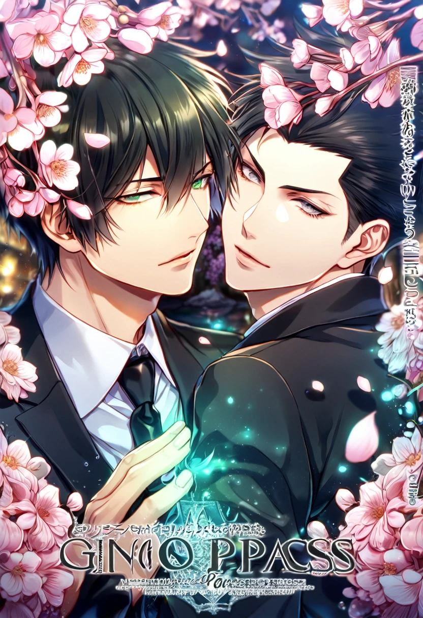 Ultra detailed, highres, absurdres, HDR, master piece, Ginoza Nobuchika, black hair, expressivee green eyes, Kougami Shinya, black hair, expressive grey eyes, Psycho Pass, fantasy, pink petals, water, pink flowers, handsome, two sexy man together, gay couple, yaoi, magical, best quality, blossoms, blue shining fireflies, black necktie, black jacket,