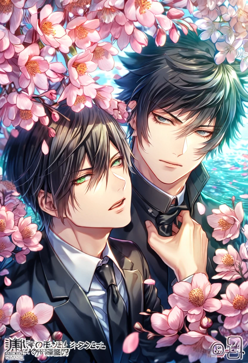 Ultra detailed, highres, absurdres, HDR, master piece, Ginoza Nobuchika, black hair, expressivee green eyes, Kougami Shinya, black hair, expressive grey eyes, Psycho Pass, fantasy, pink petals, water, pink flowers, handsome, two sexy man together, gay couple, yaoi, magical, best quality, blossoms, blue shining fireflies, black necktie, black jacket,
