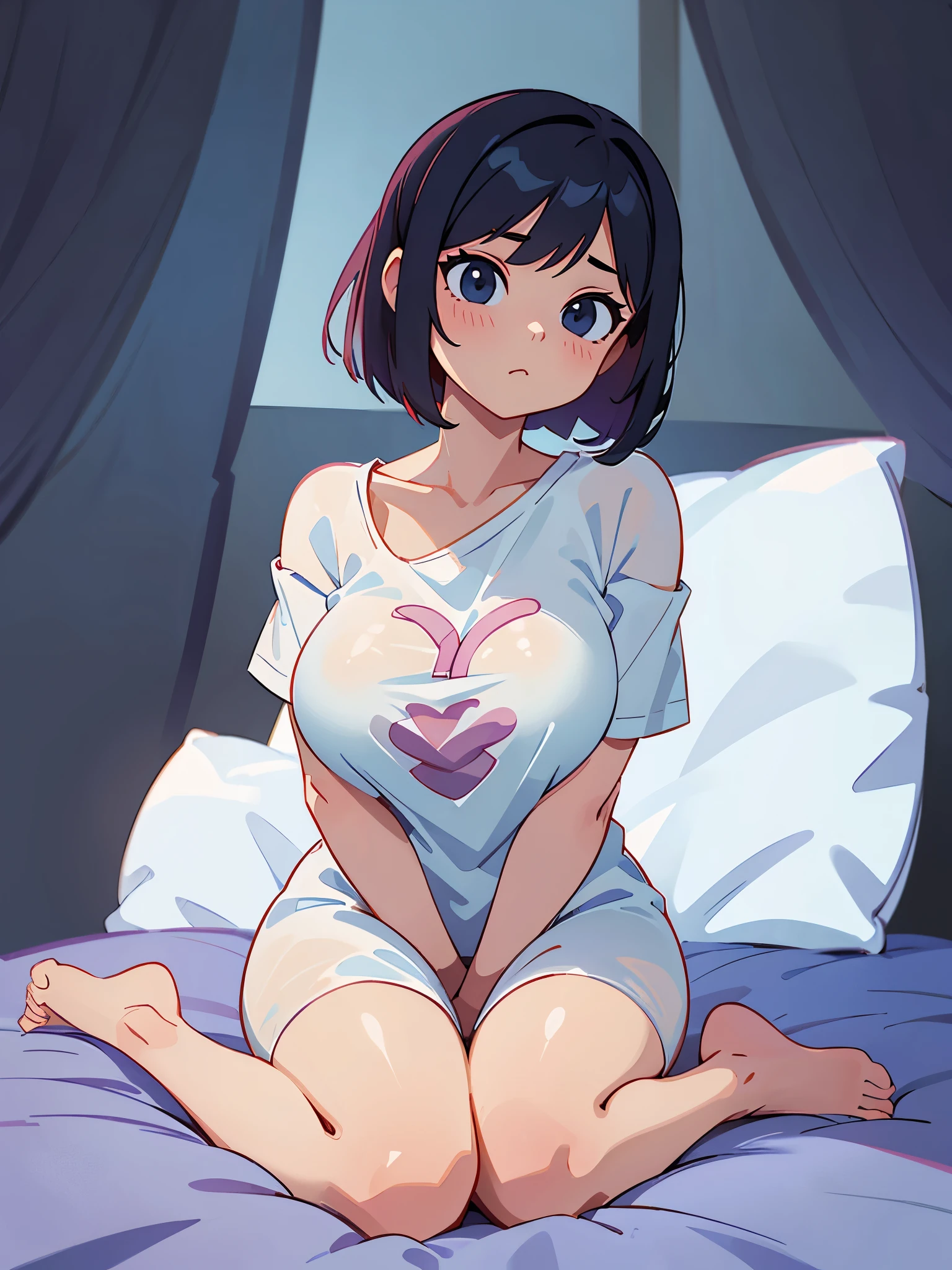 Cool beauty,Looks sweet,bob hairstyle, (wearing white transparent t-shirt, off-shoulders), show clavage, show big thigh, huge breast, full body photo, sitting on the bed. Dark background.