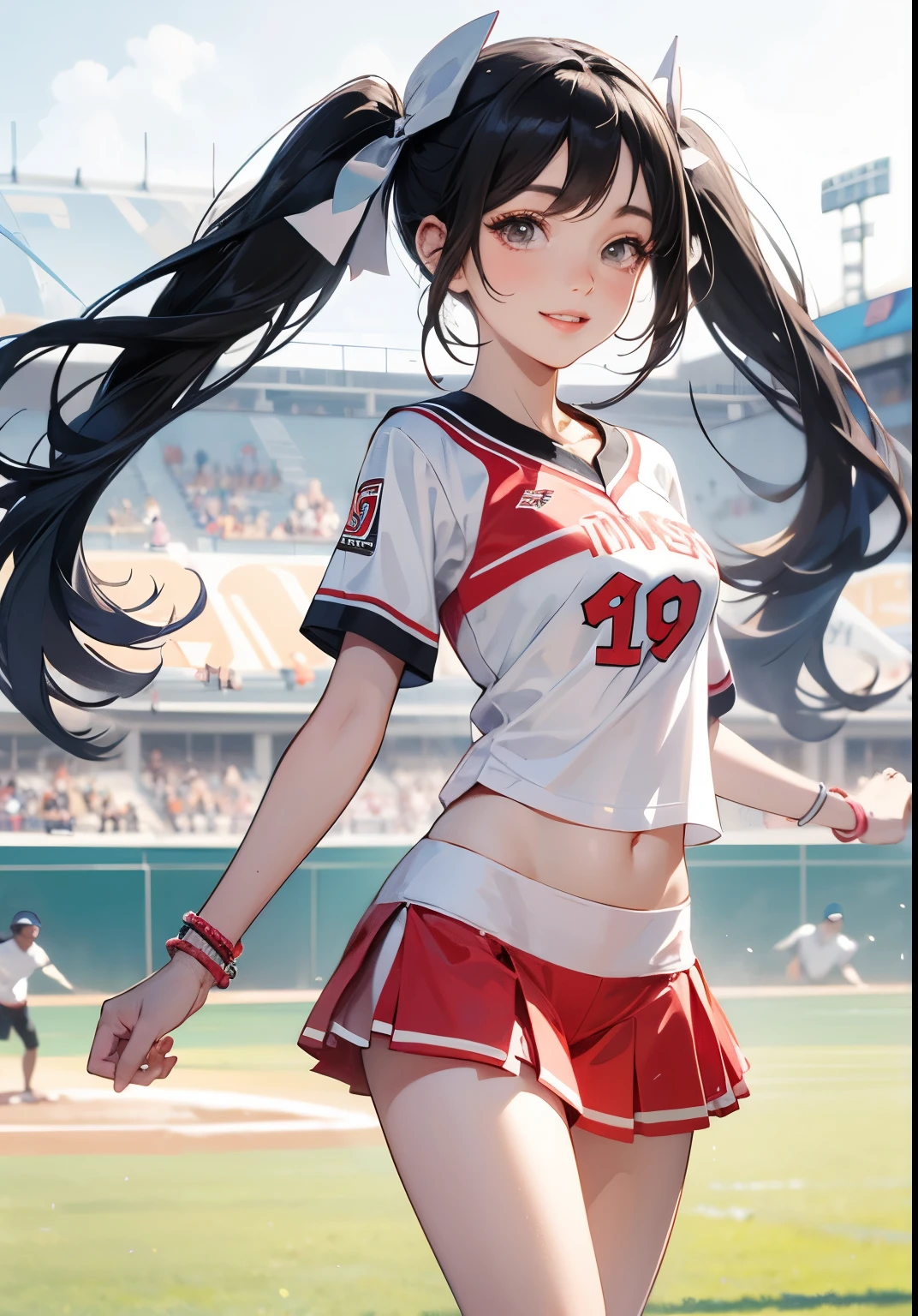 (cheerleaders:1.3)、(stadio:1.5)、(tiny chest:1.4)、Raw photography, top-quality, hight resolution, (masterpiece), (Photorealsitic:1.4), Anime Cosplay, foco nítido, nffsw, 8K分辨率, intricate detailes, depth of fields, the Extremely Detailed CG Unity 8K Wallpapers, front lit, girl with, Smile、(A slender:1.5)、Wear a baseball cap on your head、see -through、Cheerleading pom-poms in hand、(Turn your buttocks:1.2)、Squatting、I can see my panties、Looking from the side、Wearing a miniskirt