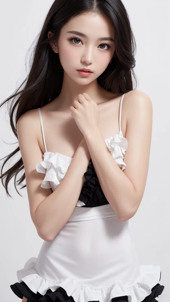 (((forehead、Northern Europe、White people、beautiful girl、Black Hair、White background、Frills、race、dress)))、table top, highest quality, figure, super detailed, finely, High resolution, 8k wallpaper, Perfect dynamic composition, detailed and beautiful eyes, Deco out,bionde, medium hair, super big breasts, Natural color lip,white background, random cute poses,frill dress