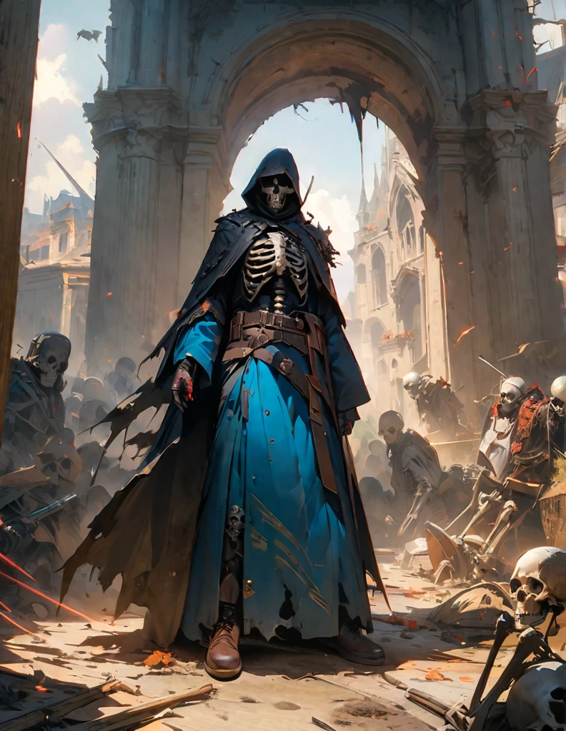 quality(8k wallpaper of extremely detailed CG unit, ​masterpiece, hight resolution, top-quality, top-quality ,hyper realisitic, digitial painting,increase the resolution,RAW photos，best qualtiy,highly detailed,the wallpaper),BREAK,8K, reaper, skeletons on ground, horror look, 