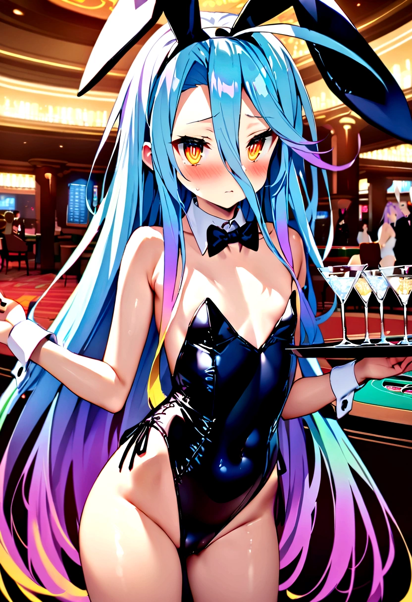 ,masterpiece,Highest quality,High resolution,Super detailed,Shiro \(no game No life\),Long Hair,Multicolored Hair,Hair between the eyes,Gradient Hair,Yellow Eyes,Flat Chest,Bunny ears,Playboy Bunny,casino,Holding Tray,Embarrassing,blush,Are standing,
