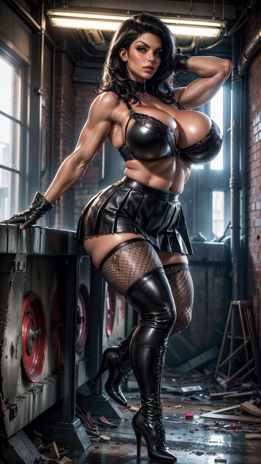 (best quality,highres:1.2), (ultra-detailed), (realistic:1.37), (HDR,UHD), (physically-based rendering), ((curvy thicc mature Denise Milani)), ((topless,  exposed chest:1.5)), ((tiny black leather pleated boxing skirt:1.5)), ((thighhigh fishnet stockings:1.4)), ((short stiletto-heeled combat shoes:1.5)), ((short, straight jet-black hair:1.4)), (tiny waist), ((thicc:1.3)), ((beautiful large green eyes):1.3), ((seductive pose in an abandoned factory)), ((full-body portrait:1.3)), (vivid colors), (metallic textures), (hot red lips, makeup:1.3), (straight, short jet-black hair), (sweaty hair:1.3), (fishnet stockings:1.3), sexy fighter, prominent breasts, rock solid breasts, missile shaped breasts that defy gravity, big_boltedontits, boltedontits, sakimichan, th3p1t,