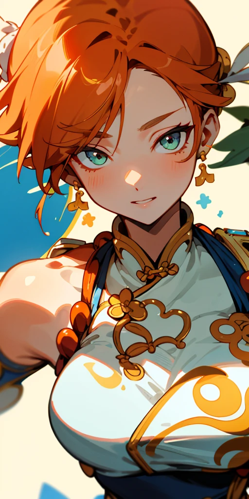 1 girl、one person、skinny body shape、orange clothes、orange hair、beautiful green eyes、intense joy on the face、white uniform with golden decorations、upper body close-up, style of Chun-li clothes
