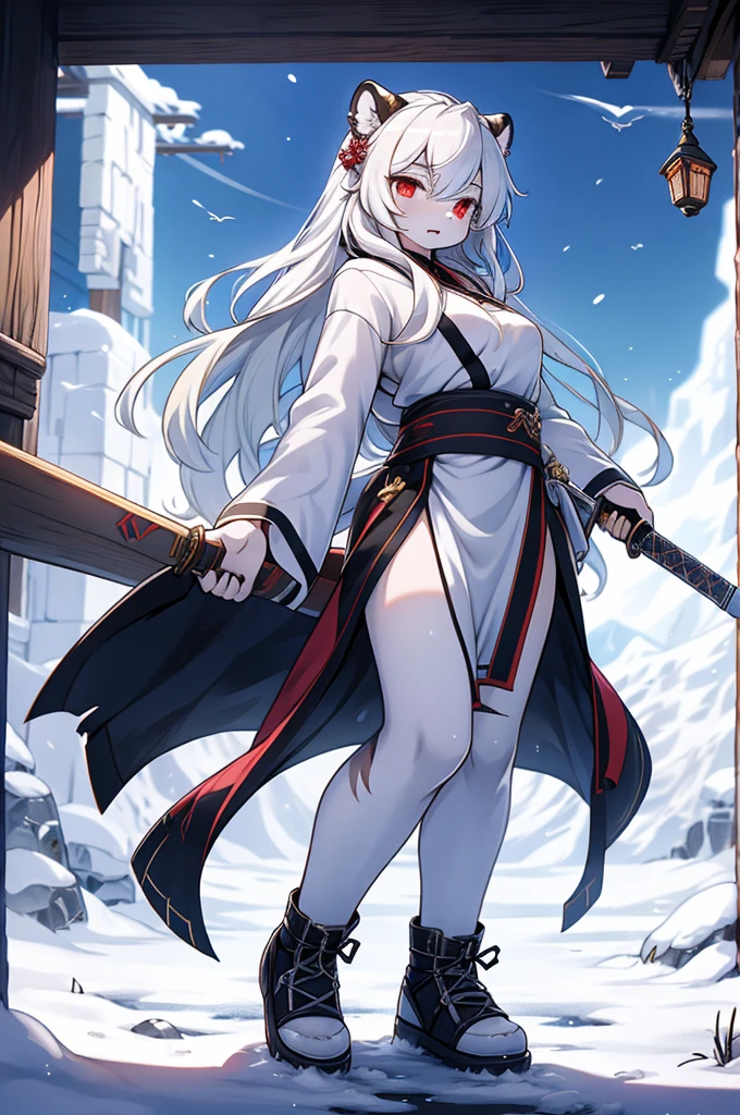 quality\(8K,Extremely detailed CG unit wallpaper, masterpiece,high resolution,top-quality,top-quality real texture skin,Surrealism,提high resolution,RAW photos,Best quality,Very detailed,,light,Ray Tracing,Golden Ratio\),furry,furry,hairy,hairy,White Tiger少女,White Tiger,White Tiger,White Tiger少女,全身White hair,White Hair,White hair,Snow background,Snow and ice theme,Hanfu,Hanfu下摆,遮住大腿的Hanfu下摆,穿着Hanfu,中式Hanfu,手持Long Sword,Sword in hand,Martial arts style,手持Long Sword的White Tiger少女,Full body close-up,Lean forward,Juhechop,Draw the sword and cut,手持Long Sword,持有Long Sword,拿着Long Sword,Long Sword,Long Sword,Long Sword,Highlight the role,Sassy,Keep your mouth shut,cool girl,indifferent,Cold,poker face,Loose long hair,Loose long hair,Cold气质,Loose long hair,Cold,Blood-red eyes,Maniac