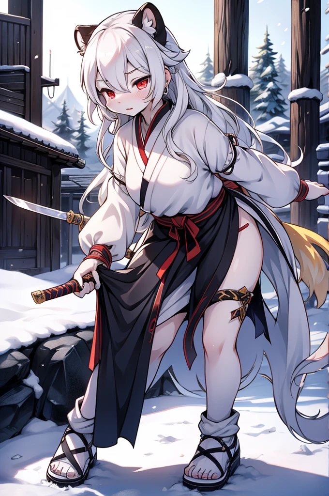 1 girl, surrounded by monsters, white hair, longhair, bangs, red eyes, side lighting, embarrassed face, partially nude, Japanese traditional clothes, small breasts, cum, blushing, gangbang, open clothes, holding katana, hentai, gangbang, messy hair, sweat, grabbed from behind ass grabbed unknown hand, holding, covering, sex, white clothes, penis, scratches, torn clothes, burning flames, tears,