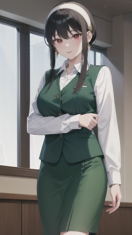 masterpiece, best quality, highres, bbyorf, short hair with long locks, white hairband, red eyes, gold earrings, large breasts, office lady, white shirt, collared shirt, green vest, long sleeves, green skirt, cowboy shot, standing