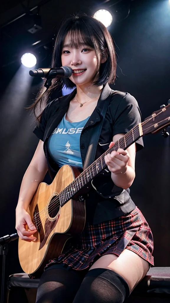 ((best quality)), photorealistic, photorealism, Photorealistic, high resolution, ((School girl blazer、 black t shirt、Red checked knee-length skirt、Long skirt、JK Style、Jacket、smile、Knee-high socks、Thigh-high socks、pantyhose))、smile、A superb beauty、Super cute、ennui、Rare beauty、Very Short hair、Sad、white skin、pale skin, Very short hair layered、Cute Smile、Fragrant beauty、Billboard background、Masterpiece、Best Quality、Refers to 5 books、Sweat glistening on my chest、Sweat glistening on my face、Large breasts、Blue hair、Age 20 years old、Mysterious look、A sad expression、Blue Hair、Glamorous concert stage、Enchanting lighting、Sweating profusely all over the body、A lot of sweat and light on the thighs、Shiny thighs、Plenty of sweat glistening on the thighs、A large amount of sweat glistens on my thighs、Sweating profusely、Gal、Large breasts、Beautiful face、Alluring expression、Sitting、Sitting playing guitar、Thick thighs、Playing guitar、I have a guitar、Sing a song enthusiastically、Playing guitar in a band、Rock band、Playing guitar chords、Live House Background、Sing a song、Open your mouth、Live house scenery、Mic stand、Glamorous live stage、Dynamic Angle、Cinematic lighting, Colorfull lighting