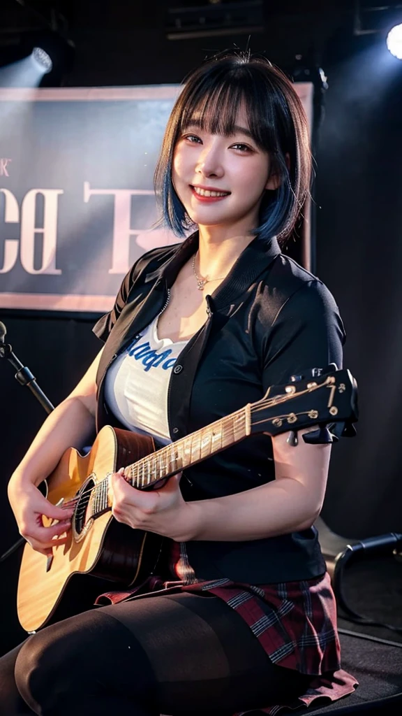 ((best quality)), photorealistic, photorealism, Photorealistic, high resolution, ((School girl blazer、 black t shirt、Red checked knee-length skirt、Long skirt、JK Style、Jacket、smile、Knee-high socks、Thigh-high socks、pantyhose))、smile、A superb beauty、Super cute、ennui、Rare beauty、Very Short hair、Sad、white skin、pale skin, Very short hair layered、Cute Smile、Fragrant beauty、Billboard background、Masterpiece、Best Quality、Refers to 5 books、Sweat glistening on my chest、Sweat glistening on my face、Large breasts、Blue hair、Age 20 years old、Mysterious look、A sad expression、Blue Hair、Glamorous concert stage、Enchanting lighting、Sweating profusely all over the body、A lot of sweat and light on the thighs、Shiny thighs、Plenty of sweat glistening on the thighs、A large amount of sweat glistens on my thighs、Sweating profusely、Gal、Large breasts、Beautiful face、Alluring expression、Sitting、Sitting playing guitar、Thick thighs、Playing guitar、I have a guitar、Sing a song enthusiastically、Playing guitar in a band、Rock band、Playing guitar chords、Live House Background、Sing a song、Open your mouth、Live house scenery、Mic stand、Glamorous live stage、Dynamic Angle、Cinematic lighting, Colorfull lighting