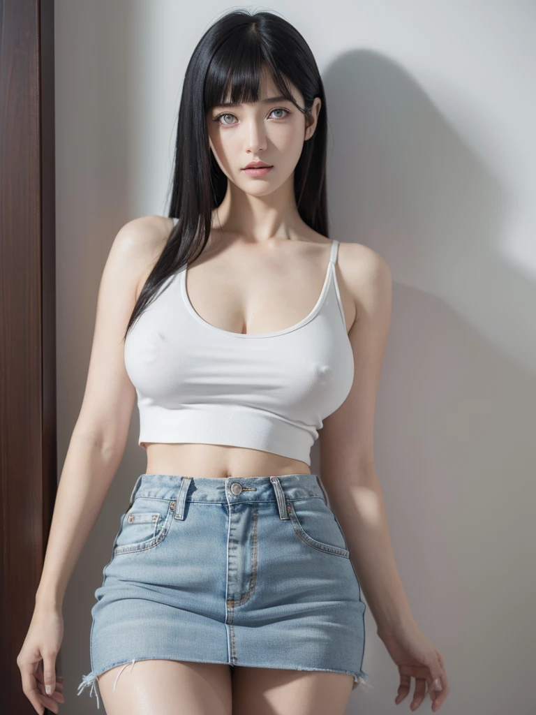 (ultra-realistic realism), (illustratio), (high resolution), (8K), (extremely detaile), (best illustration), (Beautiful and delicate eyes), (Best quality), (Super detailed), (tmasterpiece), (Wallpapers),white sleeveless cut and sew, denim miniskirt, dynamic pose, big breasts, masterpiece, high definition, 24K,hinata uzumaki