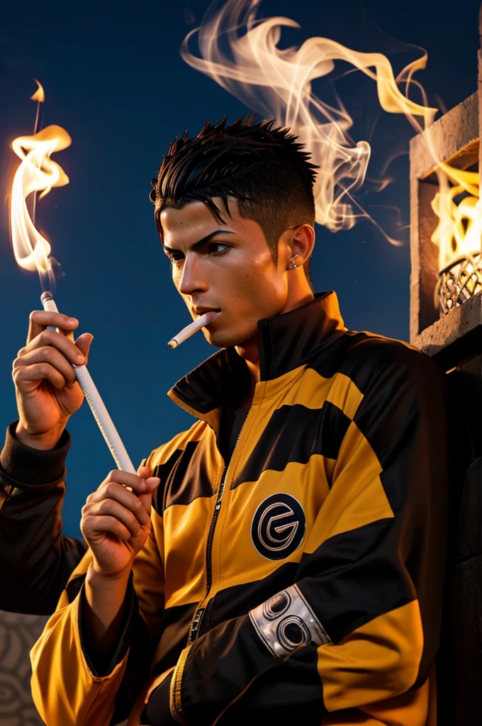Naruto character with Cristiano Ronaldo smoking a shisha