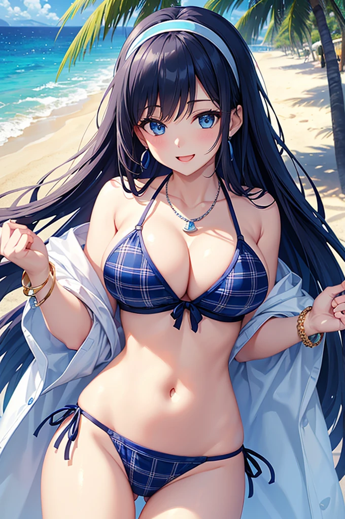 Highest quality、Highest quality、masterpiece、(8K),Beauty(Age 25)、Navy blue long hair、blue eyes、Sexy Bikini(Plaid)、Big cleavage、(Big Breasts)、smile、blue necklace、Blue Earrings、background(Beach)、Please open your mouth wide、White headband、bracelet、Dynamic pose