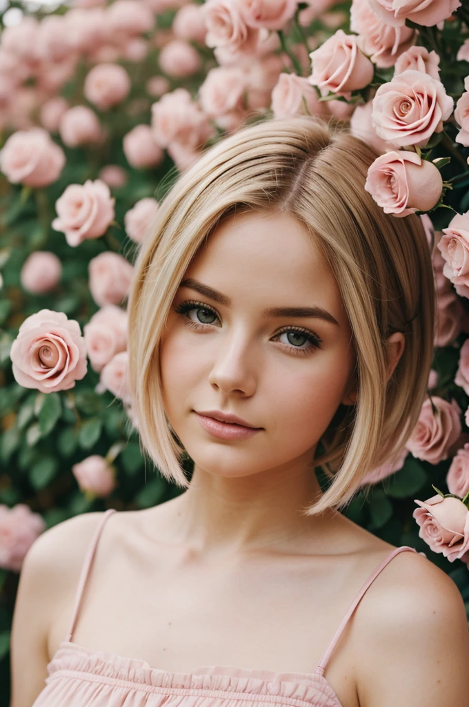 8k, RAW photo, Fujifilm, style photo of a beautiful young woman as avril in a garden of light pink roses (highly detailed skin: 1.2) Style-Petal BREAK short hair, blonde hair with colored locks, wearing a dress, film granulation, 35mm, cute style