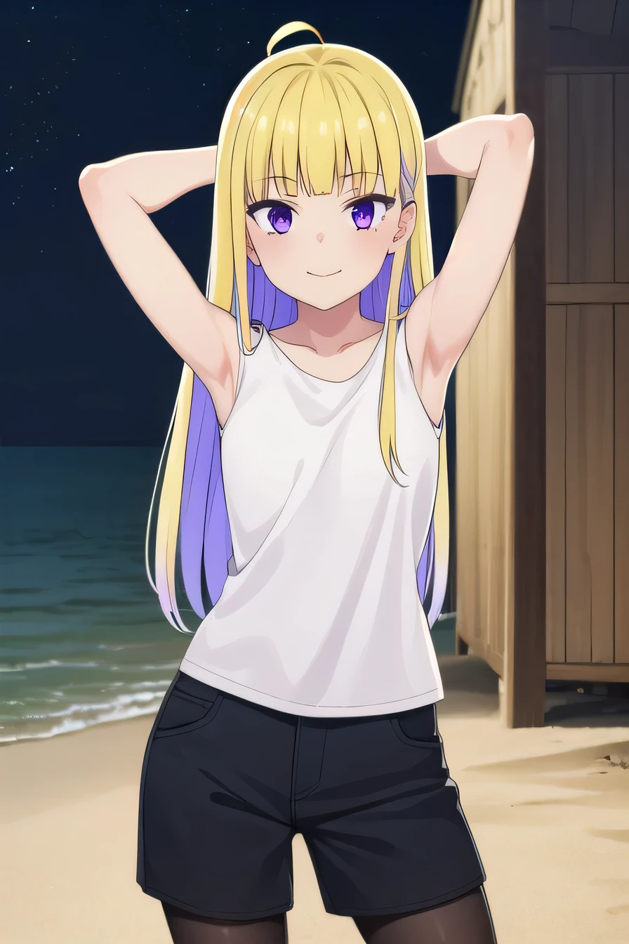 reimiitsushiro, long hair, bangs, blonde hair, (purple eyes:1.1), purple hair, ahoge, multicolored hair, blunt bangs, two-tone hair, smile,
BREAK black shorts, white undershirt , pantyhose, sleeveless,
high quality, solo, 1girl, night sky, beach, arms behind head, (contrapposto), closed mouth, spread armpits, (cowboy shot:1.5), looking at viewer, best quality, smile,
BREAK (masterpiece:1.2), best quality, high resolution, unity 8k wallpaper, (illustration:0.8), (beautiful detailed eyes:1.6), extremely detailed face, perfect lighting, extremely detailed CG, (perfect hands, perfect anatomy),