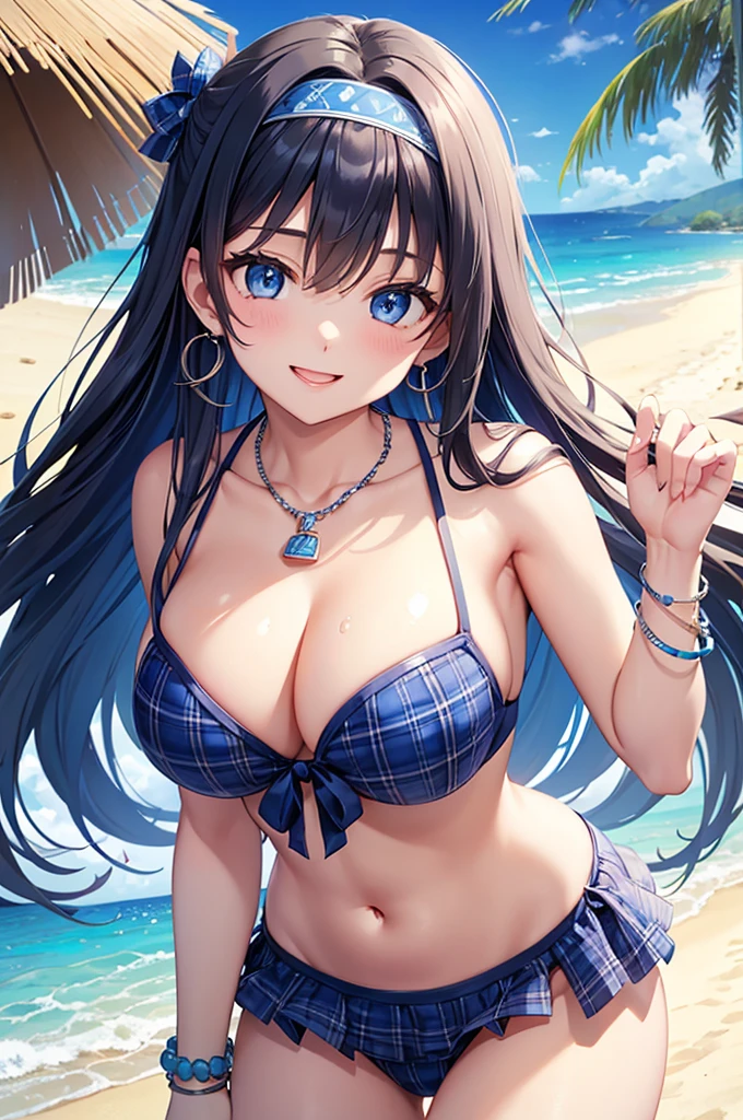 Highest quality、Highest quality、masterpiece、(8K),Beauty(Age 25)、Navy blue long hair、blue eyes、Sexy Bikini(Plaid)、Big cleavage、(Big Breasts)、smile、blue necklace、Blue Earrings、background(Beach)、Please open your mouth wide、White headband、bracelet、Dynamic pose
