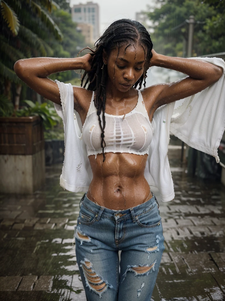 best image quality, masterpiece, super high resolution, (fidelity:1.4), photo, 1 girl, (skinny ebony girl, 20 years old, most beautiful ebony girl in the world, dark skin, black hair, dreadlocks hair, dreadlocks), white shirt, torn jeans, white sneakers, dim, darkness, despair, pity, poor, movie, tears, teardrops, (torn clothes:1.5), (wet clothes:1.4), bare shoulders, real rain, wet hair,..