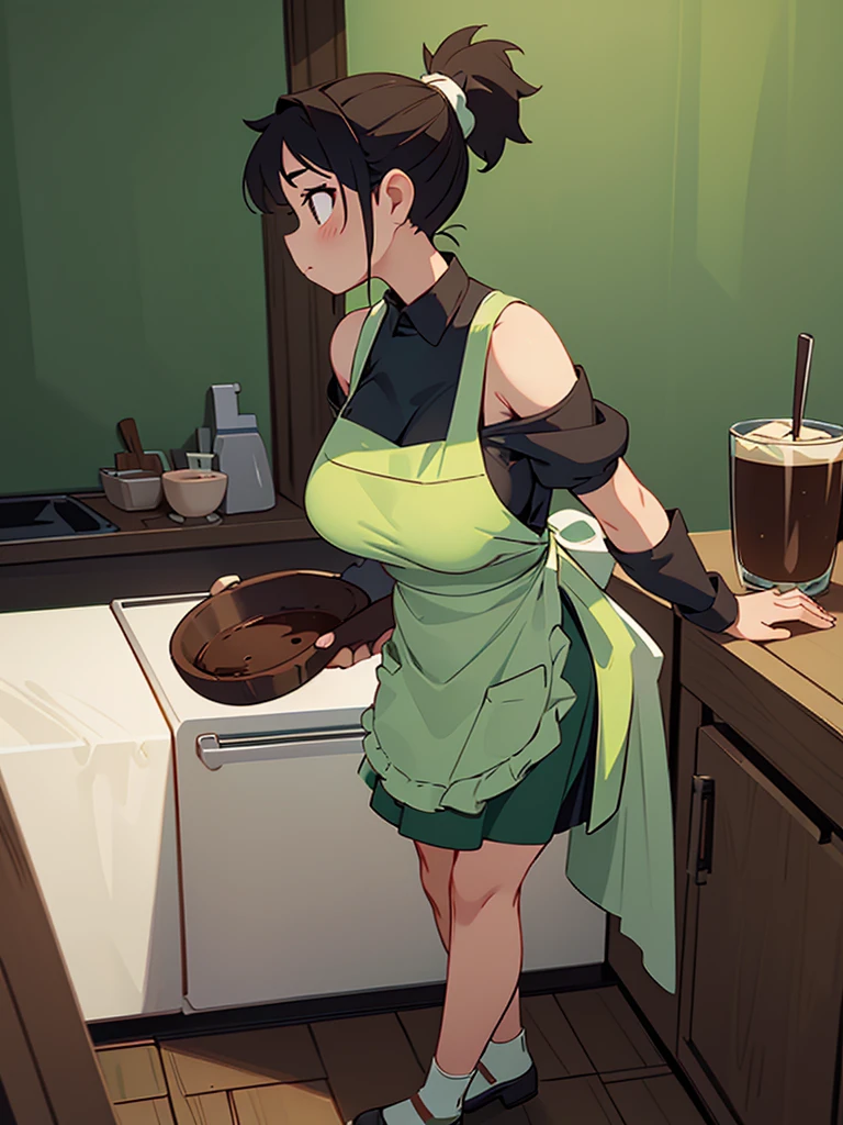 Cool beauty,Looks sweet,ponytail hairstyle, (only wearing white dark green apron, off-shoulders), show clavage, show big thigh, huge breast, side view, full body photo, standing on kitchen. Dark background, in a coffee shop