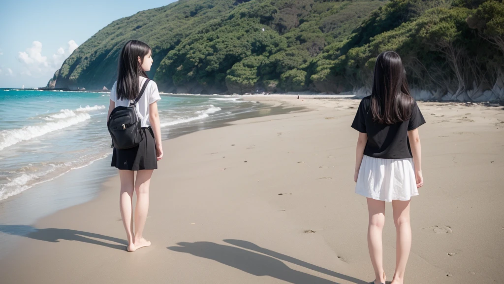 A girl standing on the beach、solo、Back view、11 year old girl、Black Hair