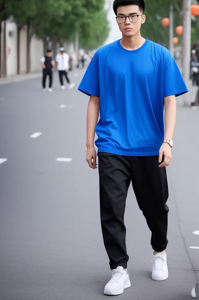 21 year old Beijing boy, he is wearing a oversize xxl blue plain t-shirt, he is wearing black trousers, he is wearing sneakers, he is wearing glasses, city, full body,  he is buzz cut Hair, foot, walking 