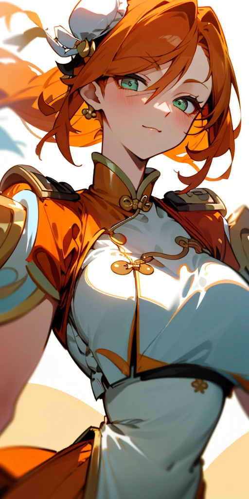 1 girl、one person、skinny body shape、orange clothes、orange hair、beautiful green eyes、intense joy on the face、white uniform with golden decorations、upper body close-up, style of Chun-li clothes