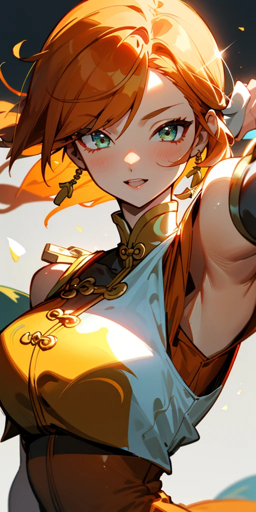 1 girl、one person、skinny body shape、orange clothes、orange hair、beautiful green eyes、intense joy on the face、white uniform with golden decorations、upper body close-up, style of Chun-li clothes