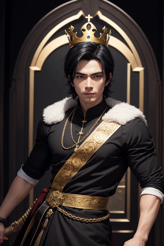 Make 2d image of a handsome black haired king 