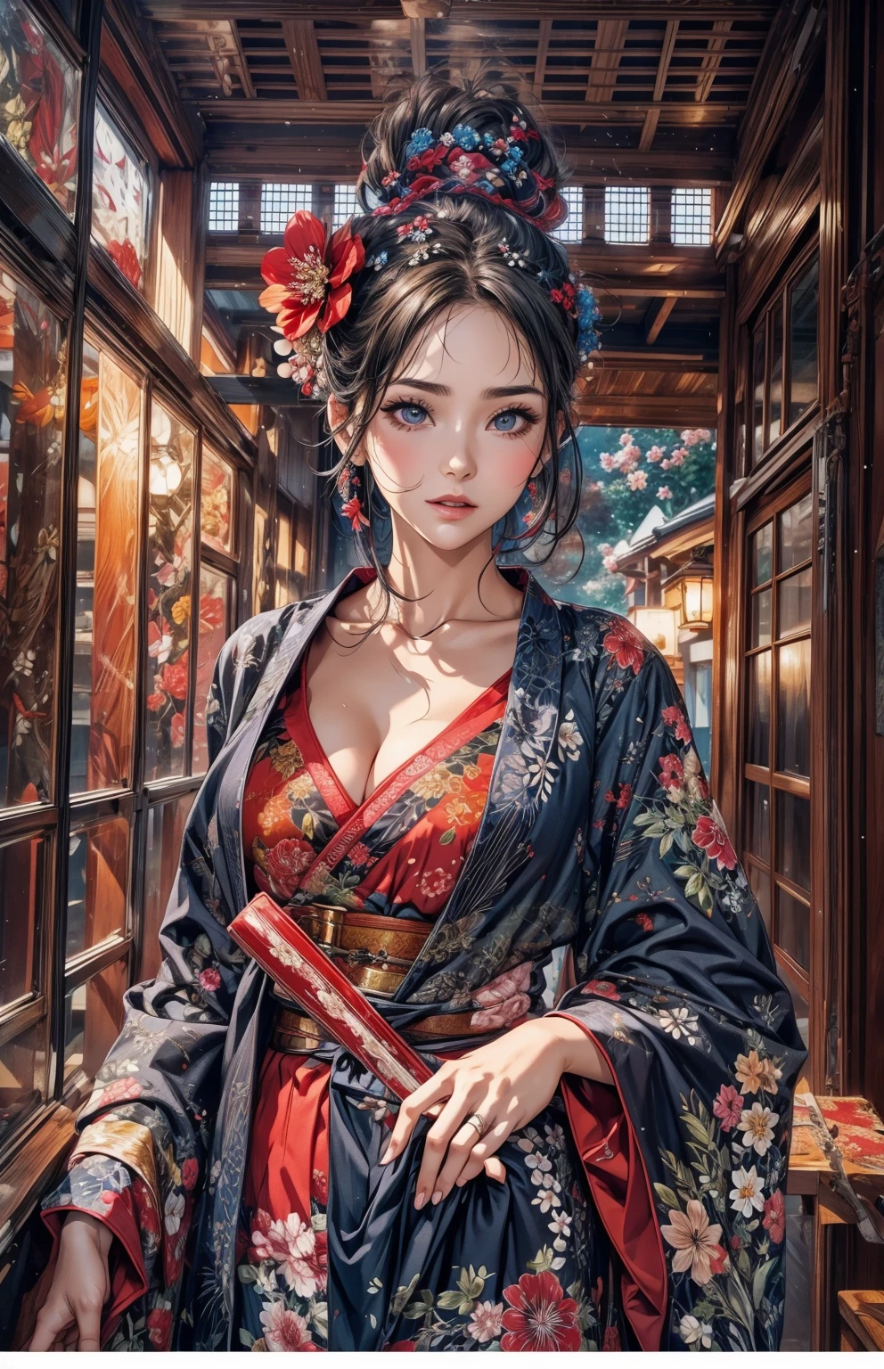 She holds a closed red fan in her right hand、Wooden building corridor、Navy blue shiny dress、Beautiful 30 year old woman、Red big flower hair accessory、Red underwear、Flashy floral kimono、The belt is black and shiny.、The greenery of early summer spreads、rain、bad weather、Rain falling in the background、evening
