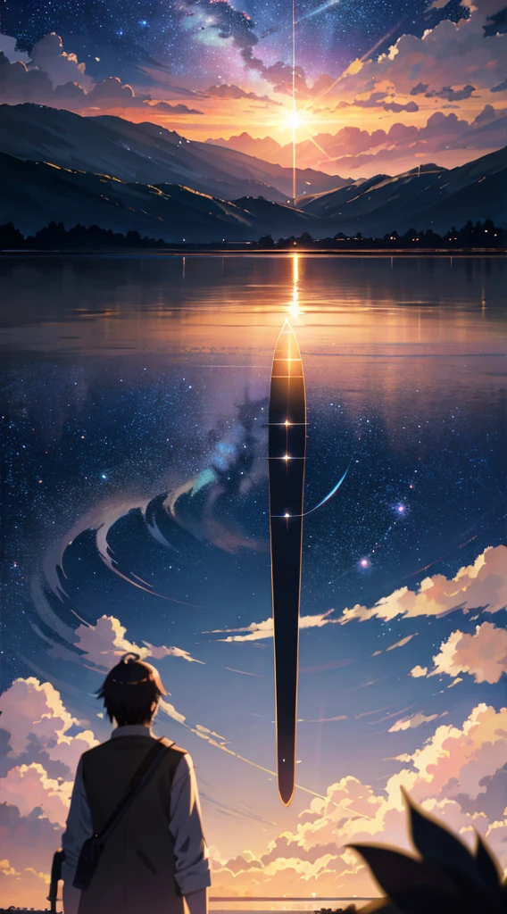 High quality masterpiece, landscape, anime train passing through bodies of water on tracks, bright starry sky. Romantic train, pixiv, concept art, lofi art style, reflection. by Makoto Shinkai, lofi art, Beautiful anime scene, Anime landscape, detailed scenery —width 672, in style of Makoto shinkai, style of Makoto shinkai, enhanced details.