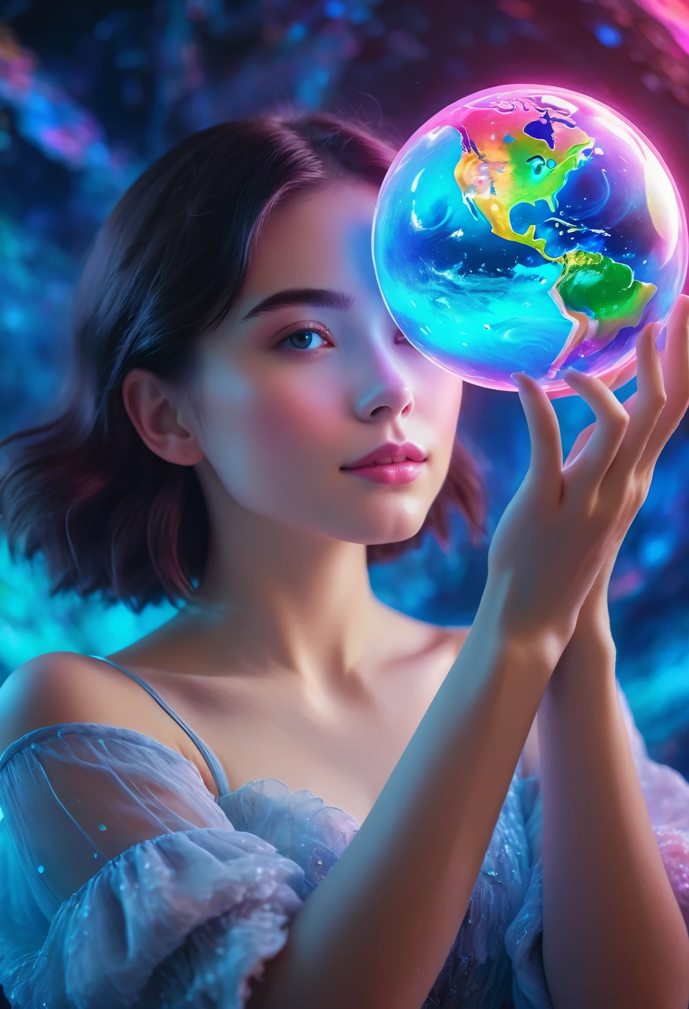 a painting of gigantic woman's head with face of Winona Ryder morphed with Angelina Jolie with colorful hair in a shape of tree and lianas, a neck growing out of the ground, dalightful smile, a city skyline, hot air balloons, flying bulbs and plant trees in the air, beeple and jeremiah ketner, dan mumford tom bagshaw, colorfull digital fantasy art, inspired by Cyril Rolando, inspiring digital art, colorful digital painting, paint splashes, paint driping, gorgeous digital art, beautiful art uhd 4 k, stunning digital illustration, vibrant digital painting, stylized digital art
