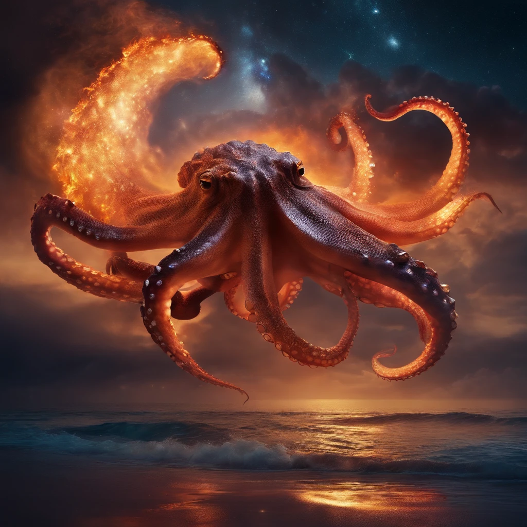 Octopus with celestial powers flying through the air with a fire crocodile ,with the sky shining with stars