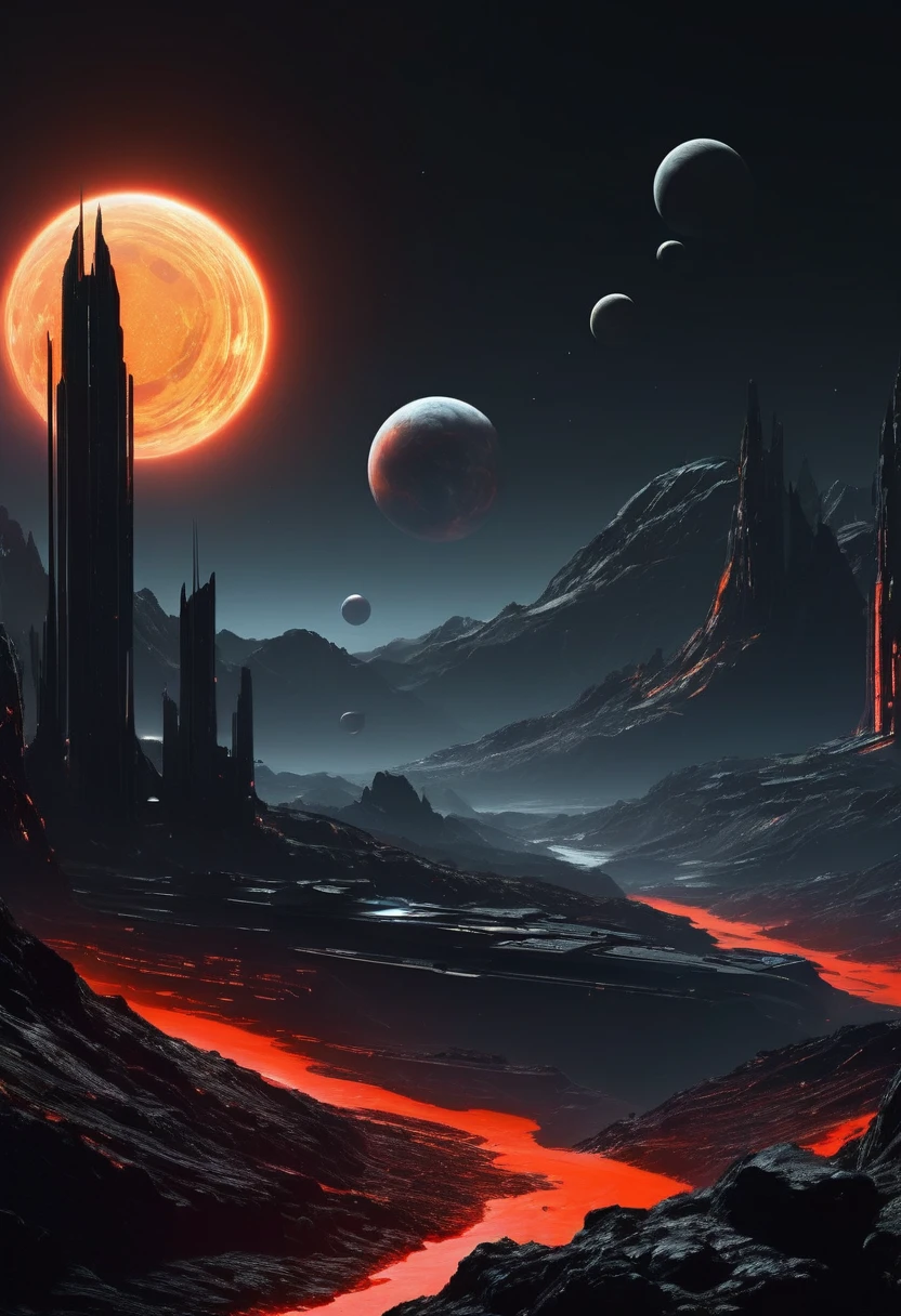 create a vision of two dark gray rocky planets superimposed in dark nighttime outer space seen from the orange surface of a mountainous PLANET with polished metallic tile surface in black and red cyberpunk style at night in the distance, it has a wide and tall building like a dark gray research station with lit windows, space is dark and you can only see the silhouette of one side of the planets through the dense atmosphere, total dark, dark horizon, penumbra, as realistic as possible, the sun is out of the picture, has a horizontal building with lit windows, It's a small-scale building on the rock, dark and sinister scientific facility