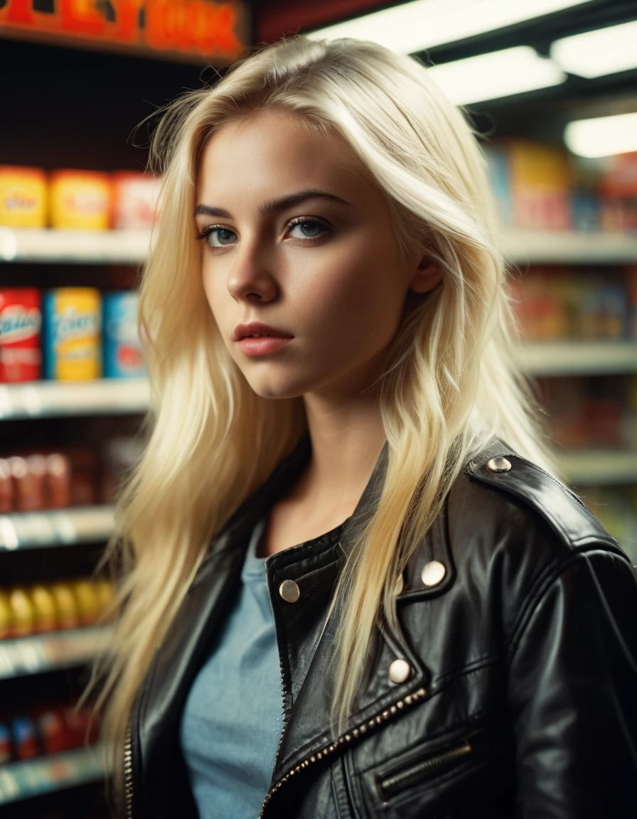 very attractive 25 year old caucasian girl with long platinum blonde hair, full body photo of a 25 year old english woman, tee, leather jacket, jeans, 80s convenience store, very detailed, atmospheric haze, film grain, cinematic film still, shallow depth of field, highly detailed, high budget, cinemascope, moody, epic, gorgeous, 2000s vintage RAW photo, photorealistic, color graded cinematic, eye catchlights, atmospheric lighting, skin pores, imperfections, natural, shallow dof
