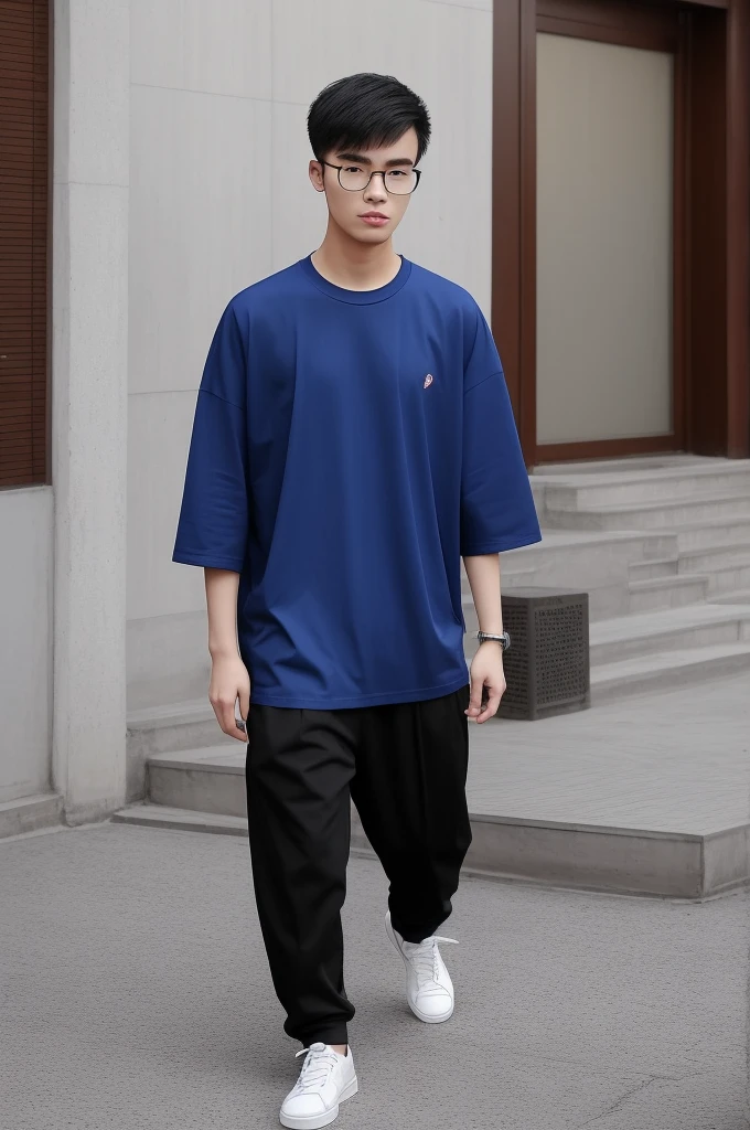 21 year old Beijing boy, he is wearing a oversize xxl blue plain t-shirt, he is wearing black trousers, he is wearing sneakers, he is wearing glasses, city, full body, he is buzz cut Hair, foot, walking