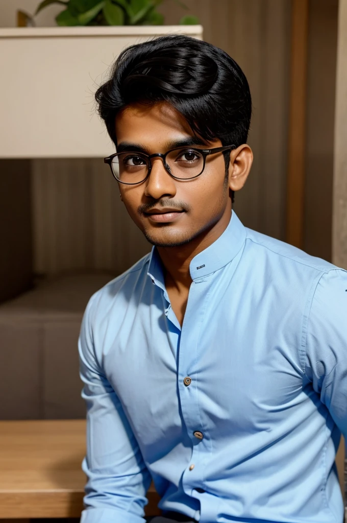 year old indian boy With fair skin Wearing spectacles and narrow body Posing for a linkedin picture in forma
