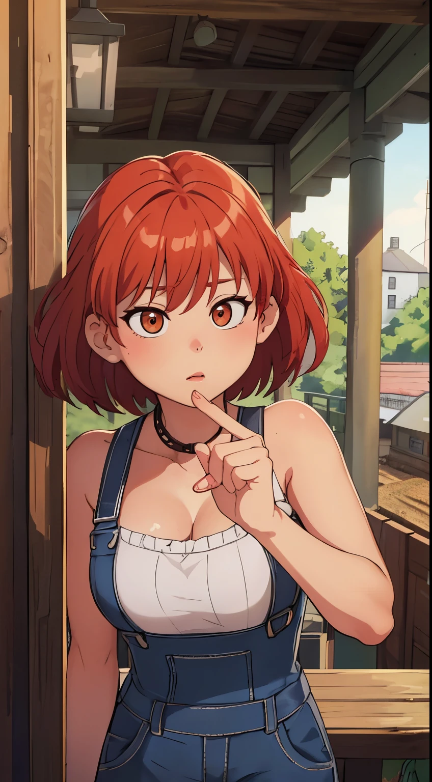 ((work of art)), (best qualityer),, offcial art, Extremely detailed CG 8k unity wallpaper, highy detailed, shining skin, Depth of field, vivid color,, 1Kizi, (curved:1.0), (whole body:0.8), Kizi wearing dungarees, sensuous , retrato sophie mudd, pose casual, gorgeous Youngh model, cute Youngh woman, a beautiful -aged Kizi, very beautiful model, Youngh , cute Youngh Kizi, beautiful Youngh Kizi, Beautiful model, shorter red hair, light hair, shiny hair, Youngh and cute Kizi, Kizi, cowgirl, Cow Kizi from Goblin slayer アニメ, Goblin Slayer Anime, アニメ, Staring at me, wild pose, sensuous pose, maybe working on the farm, trying to feed animals, and working on the farm
