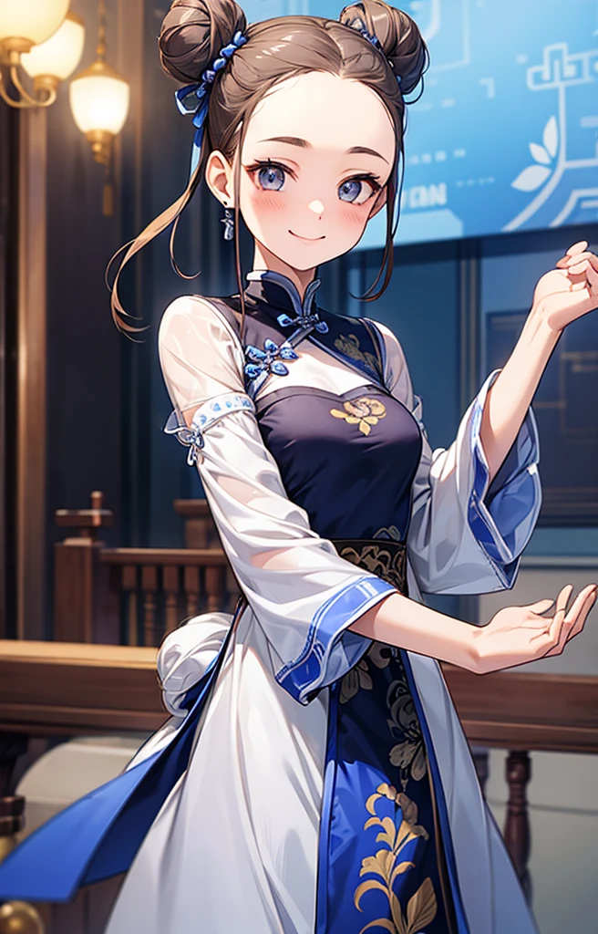 Highest quality、Realistic、girl、zoom、cute、Grey Eyes、Hair Bun、Chestnut Hair、Back to all、the forehead is protruding、Blue Chinese Dress、Looking down、Big smile、thin、Small breasts