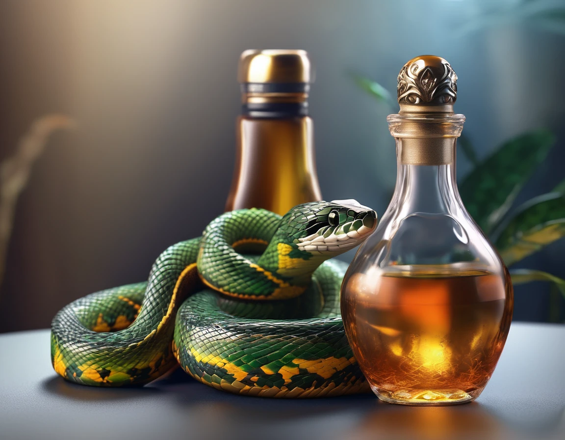 A snake is wrapped around a bottle, 8K, HD, (intricate details), High detail photography
