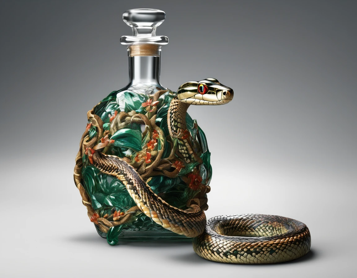 A snake is wrapped around a bottle, 8K, HD, (intricate details), High detail photography