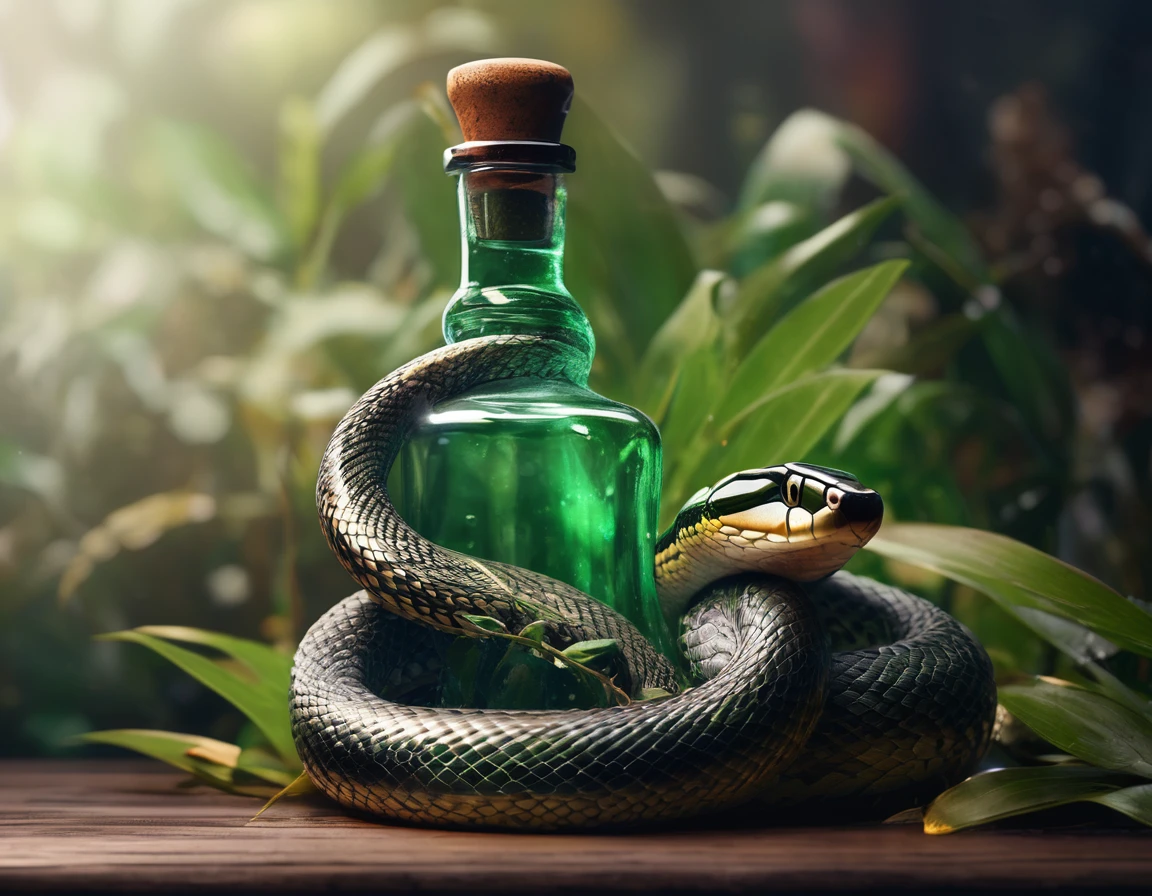 A snake is wrapped around a bottle, 8K, HD, (intricate details), High detail photography