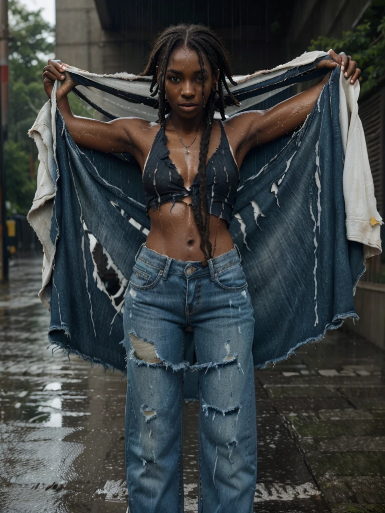 8k, raw photo, best image quality, masterpiece, super high resolution, (fidelity:1.4), photo, 1 girl, (skinny ebony girl, 20 years old, most beautiful ebony girl in the world, dark skin, black hair, dreadlocks hair, dreadlocks), white shirt, torn jeans, white sneakers, dim, darkness, despair, pity, poor, movie, tears, teardrops, (torn clothes:1.5), (wet clothes:1.4), bare shoulders, real rain, wet hair,..
