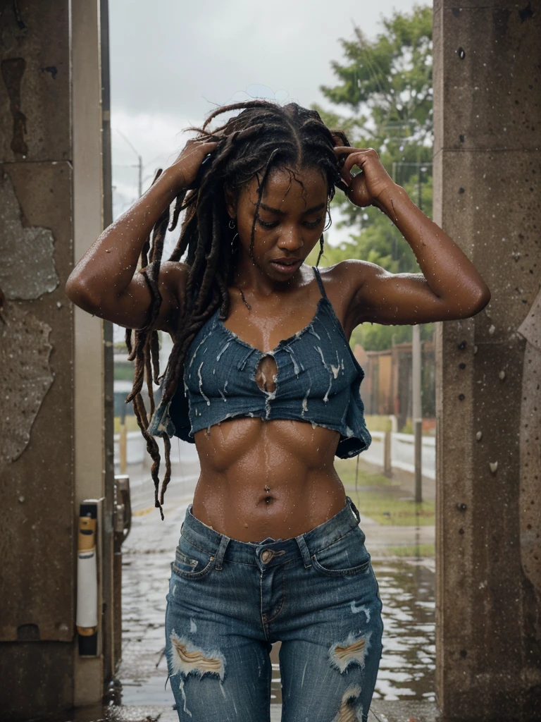 8k, raw photo, best image quality, masterpiece, super high resolution, (fidelity:1.4), photo, 1 girl, (skinny ebony girl, 20 years old, most beautiful ebony girl in the world, dark skin, black hair, dreadlocks hair, dreadlocks), white shirt, torn jeans, white sneakers, dim, darkness, despair, pity, poor, movie, tears, teardrops, (torn clothes:1.5), (wet clothes:1.4), bare shoulders, real rain, wet hair,..