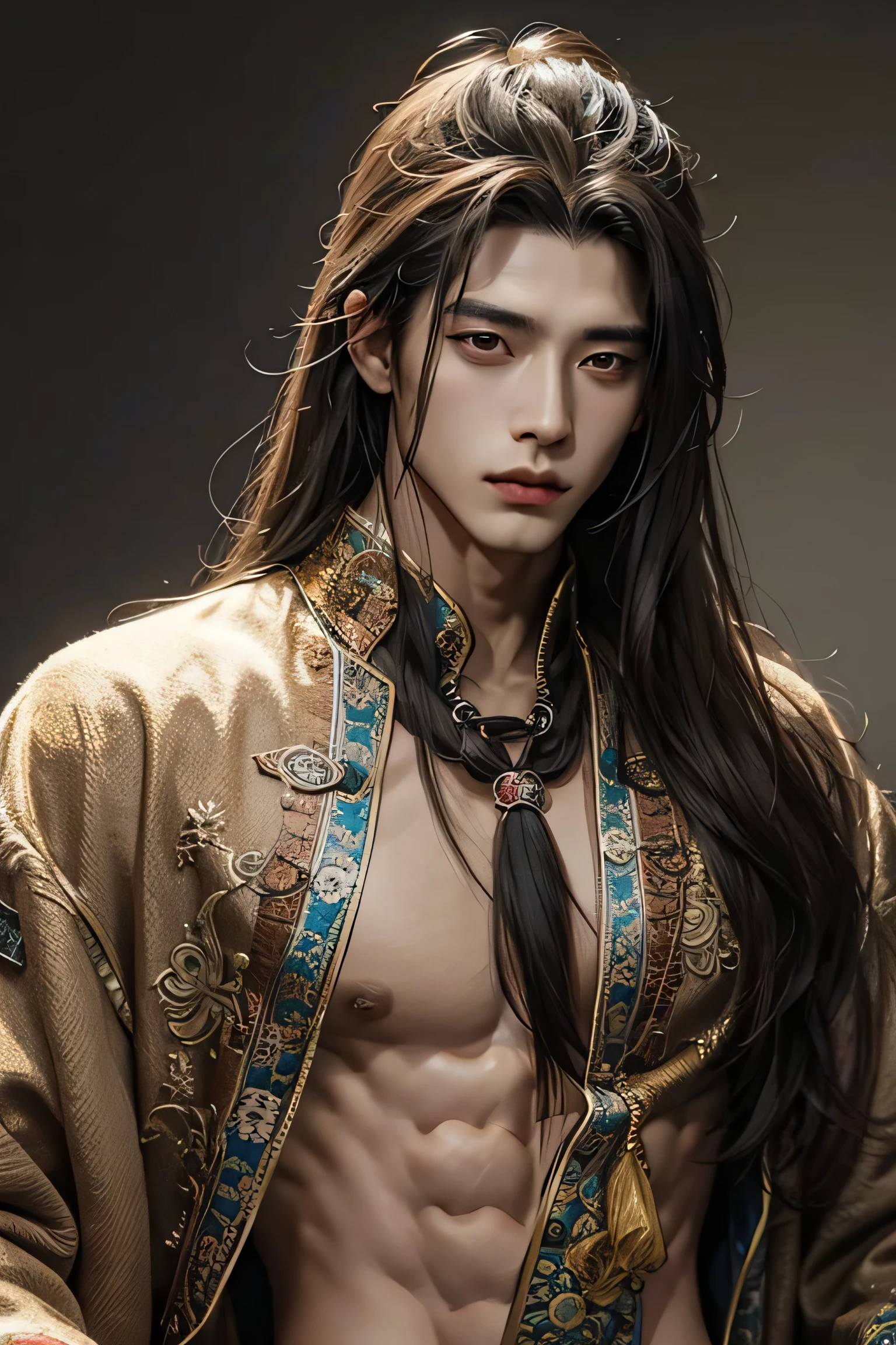 long hair,  abs, gufeng male