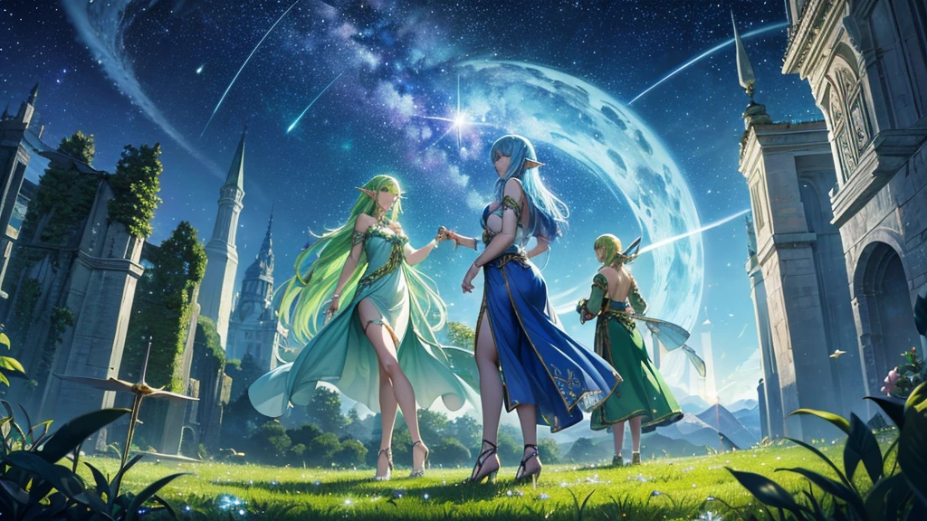 8K, a beautiful elven woman is depicted in the center, and fairies are dancing in a fantastical landscape. The elven woman is wearing a -clad Gweiz-style outfit, has long light green hair and sparkling emerald green eyes, smiles gently and gracefully plays the harp. In the background is a starry sky full of shooting stars. The fairies spread their sparkling wings and fly around the elf. This lovely and fantastical scene matches perfectly with the Celtic music, which alternates between fast and slow tempos.