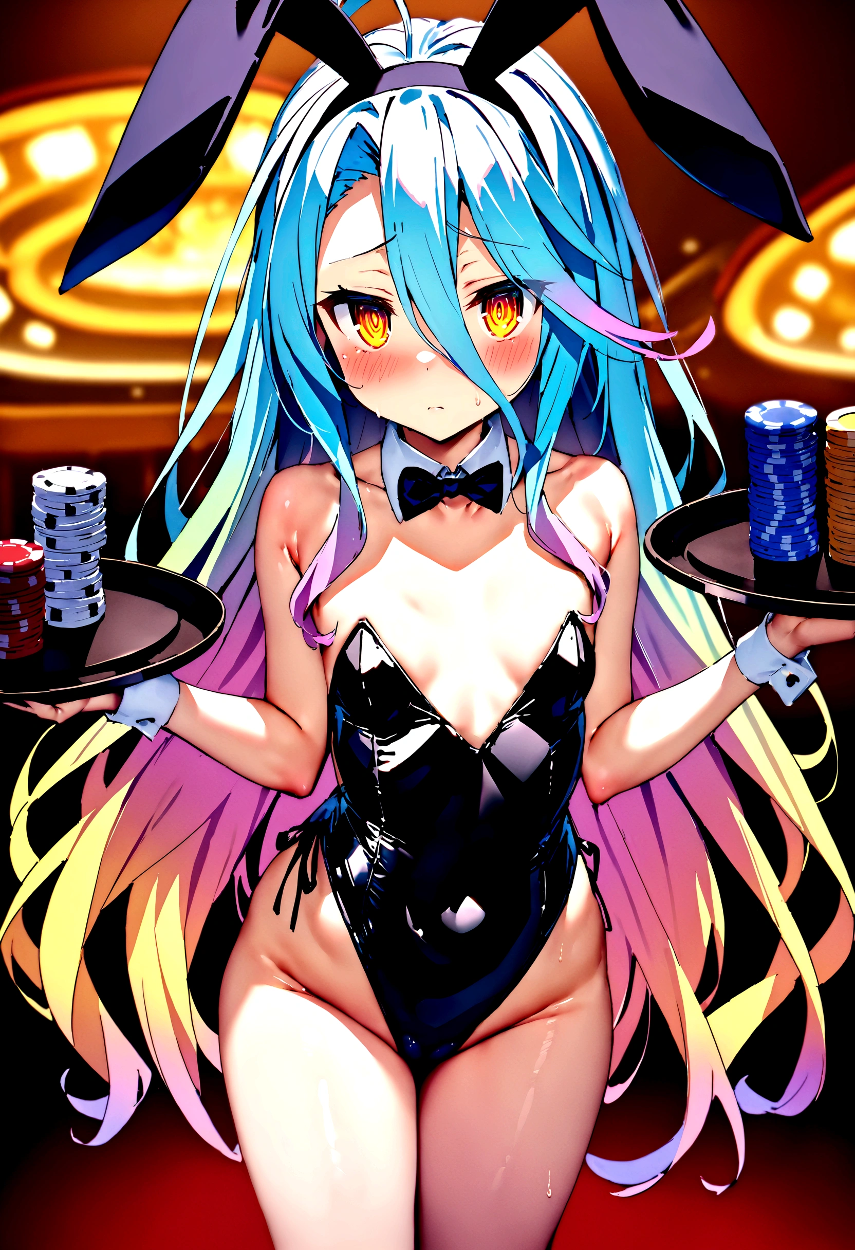 NSFW,masterpiece,Highest quality,High resolution,Super detailed,Shiro \(no game No life\),Long Hair,Multicolored Hair,Hair between the eyes,Gradient Hair,Yellow Eyes,Flat Chest,Bunny ears,Playboy Bunny,casino,Holding Tray,Embarrassing,blush,Are standing,